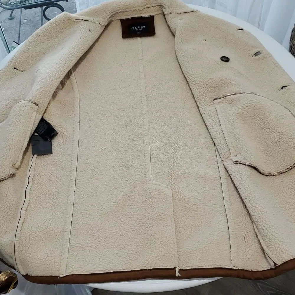 GUESS MENS FAUX-SHEARLING COGNAC OVERCOAT SIZE M NWOT-NEW WITHOUT TAGS - Picture 5 of 14